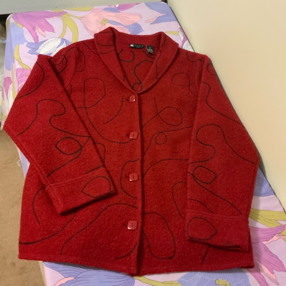 Like New Carol Woman 2X Burgundy Wool Black Stitching Cardigan button Up